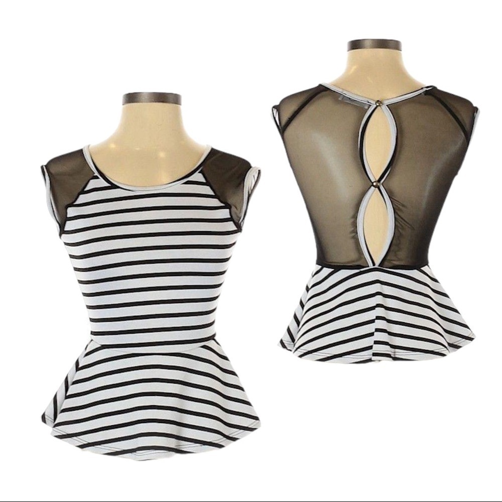 🌺 Oboe Oboe Oboe Stripe Mesh Colorblock Open Back Stretchy Peplum Top Juniors S